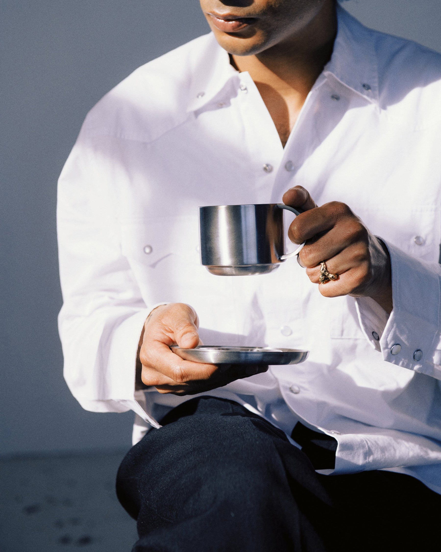 The Arlo 03 - Brushed Stainless Steel Cup & Saucer - Service Projects
